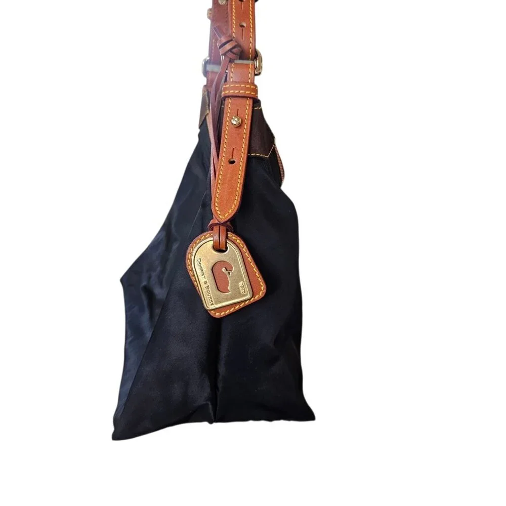 DOONEY BOURKE BLACK NYLON HOBO Bag Purse Handbag TAN LEATHER STRAP Pink Interior
